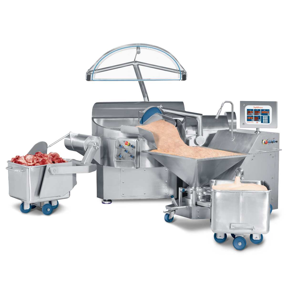 Cutter Seydelmann che scarica in Emulsionatore Seydelmann